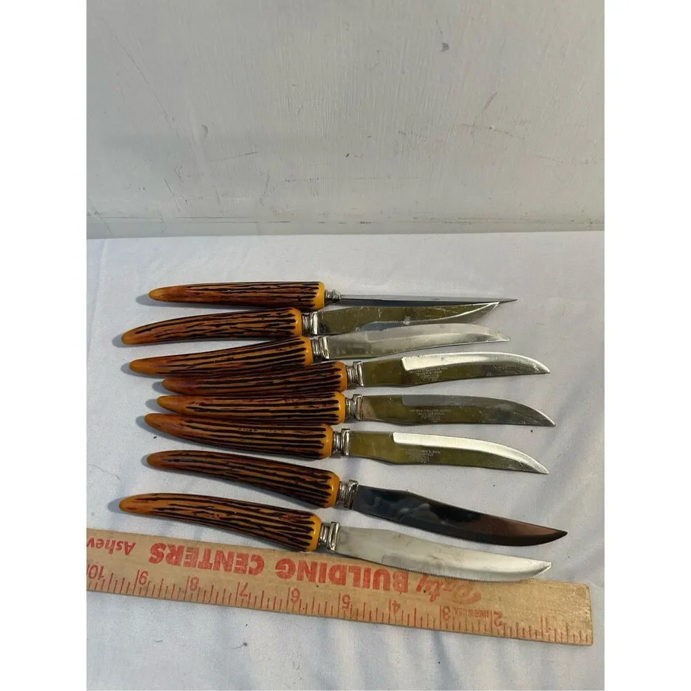 8 Blade Sheffield serrated knives‎ vintage replacements faux horn handle